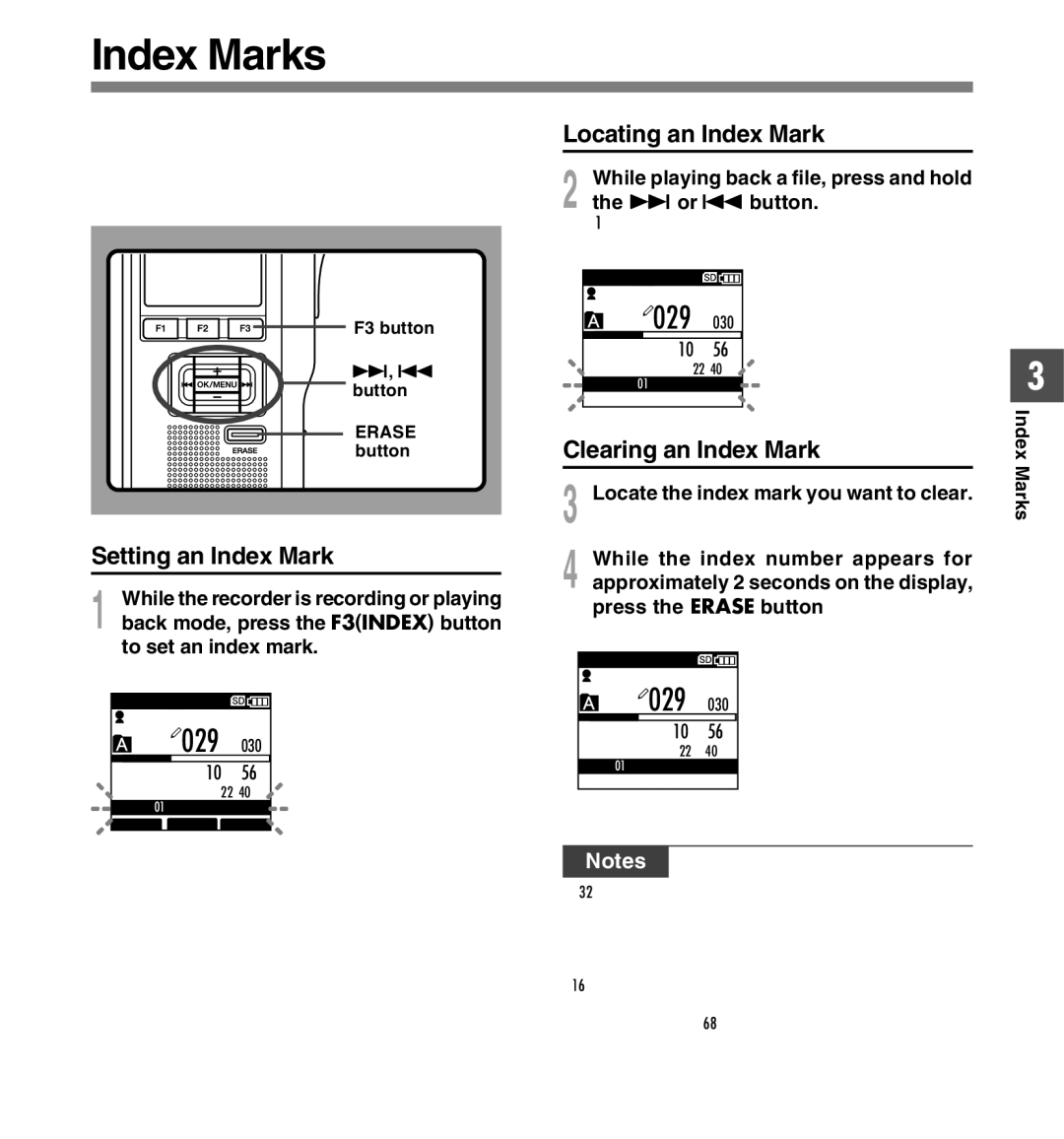 Olympus DS-5000 Index Marks, Setting an Index Mark, Locating an Index Mark, Clearing an Index Mark, To set an index mark 