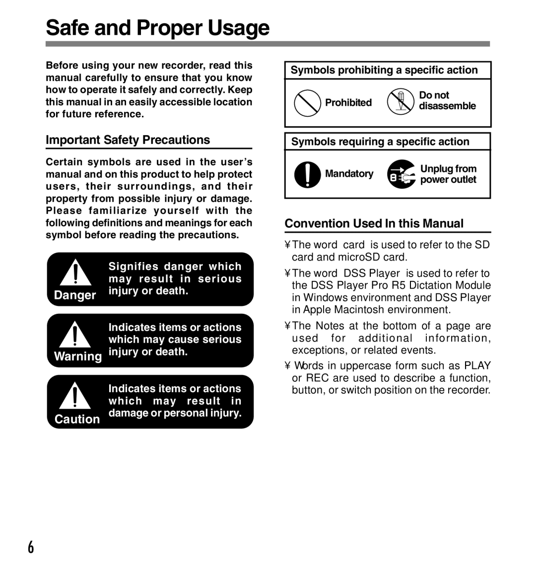 Olympus DS-5000iD manual Safe and Proper Usage, Important Safety Precautions, Convention Used In this Manual 