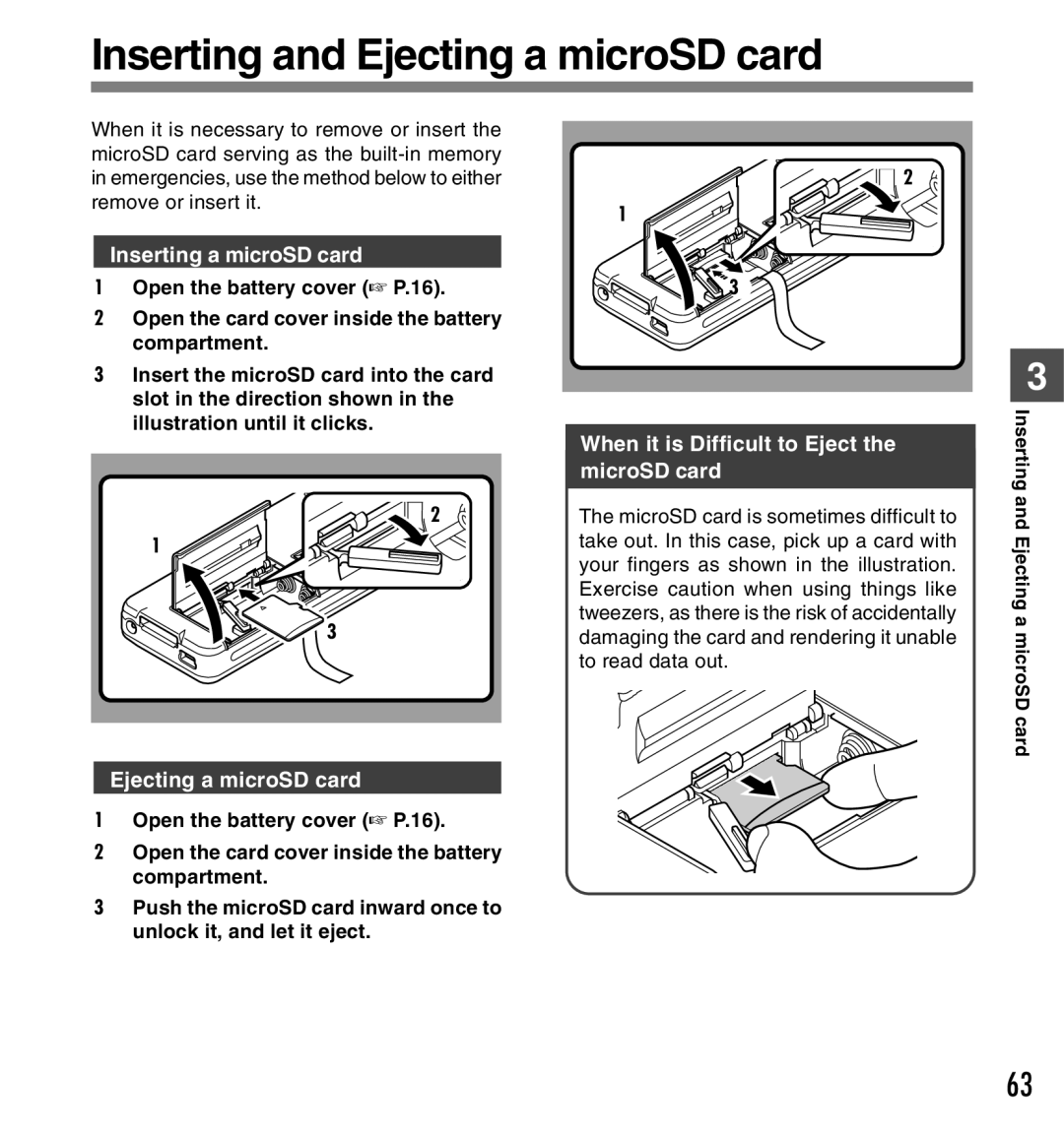 Olympus DS-5000 manual Inserting and Ejecting a microSD card, Inserting a microSD card, Inserting Ejecting a microSD card 