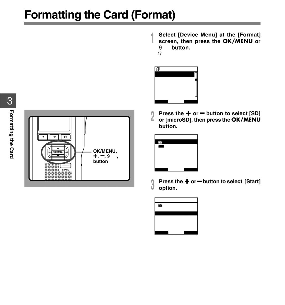 Olympus DS-5000iD manual Formatting the Card Format, Option, Formatting Card, OK/MENU, + Button 