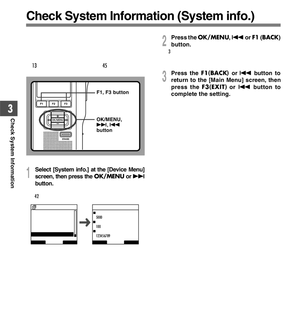 Olympus DS-5000iD Check System Information System info, Press the OK/MENU, 0or F1 Back, Press the F1BACK or 0 button to 