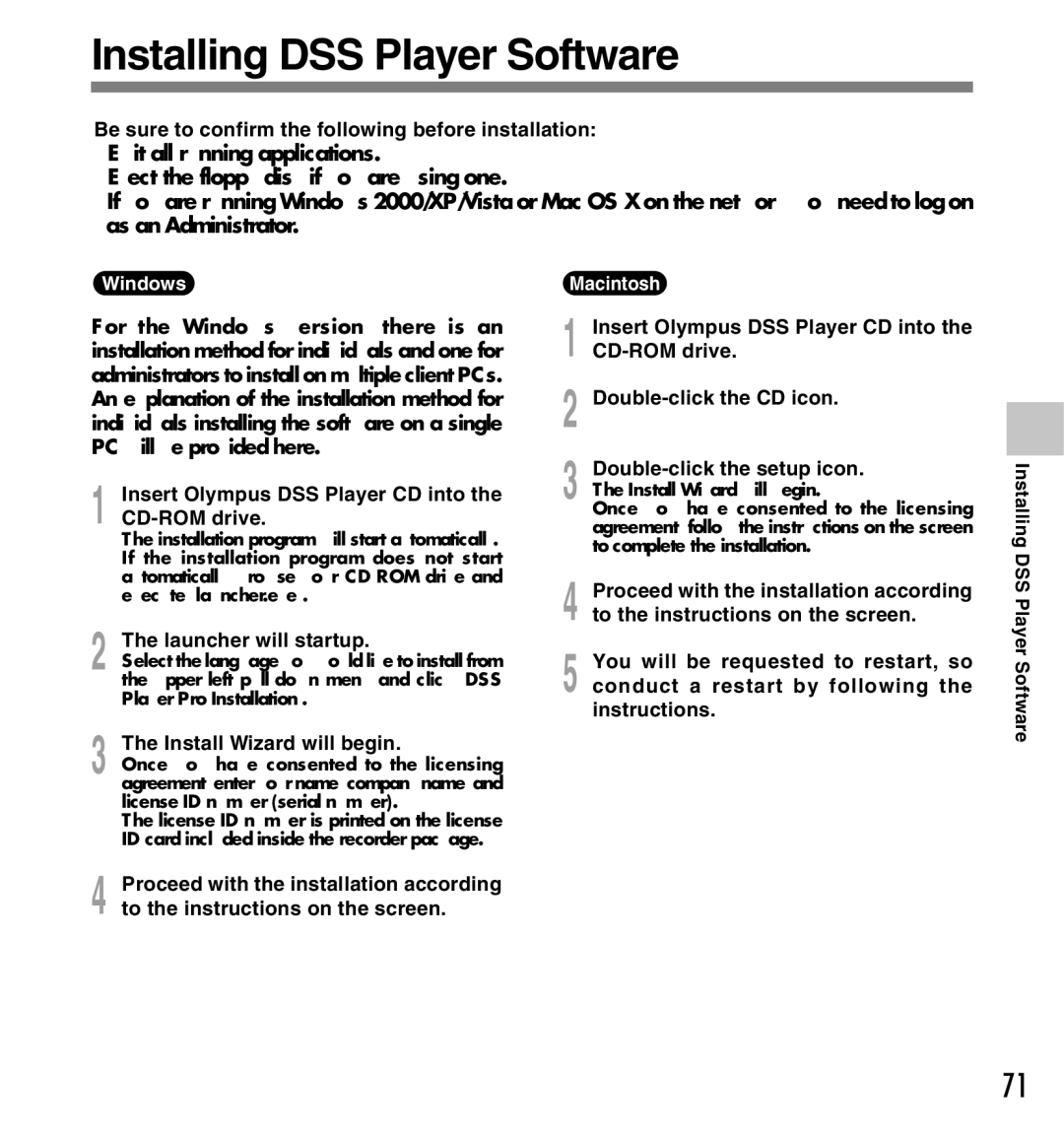 Olympus DS-5000iD manual Installing DSS Player Software, Be sure to confirm the following before installation 