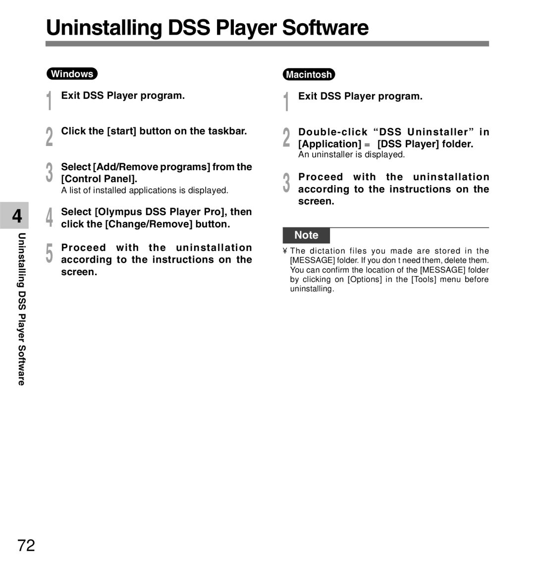 Olympus DS-5000iD Uninstalling DSS Player Software, According to the instructions on, Screen, An uninstaller is displayed 