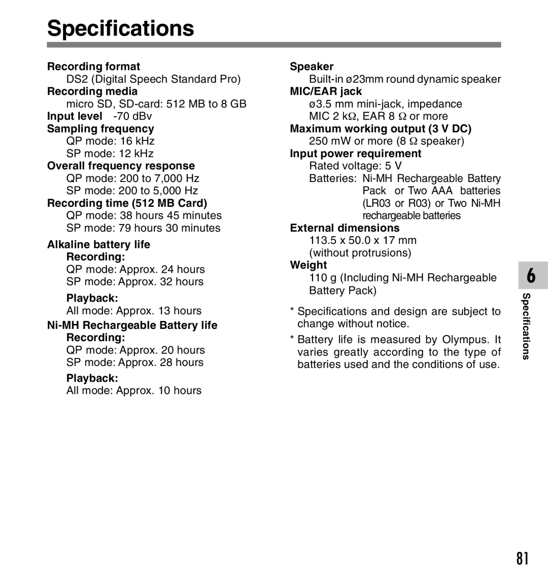 Olympus DS-5000iD manual Specifications 