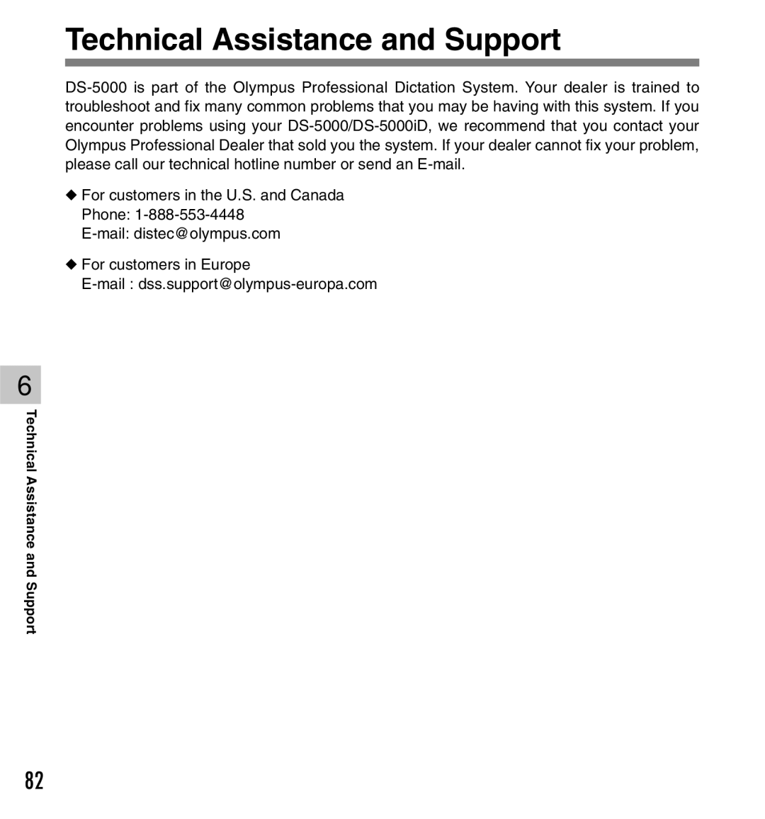 Olympus DS-5000iD manual Technical Assistance and Support, Technical Assistance Support 