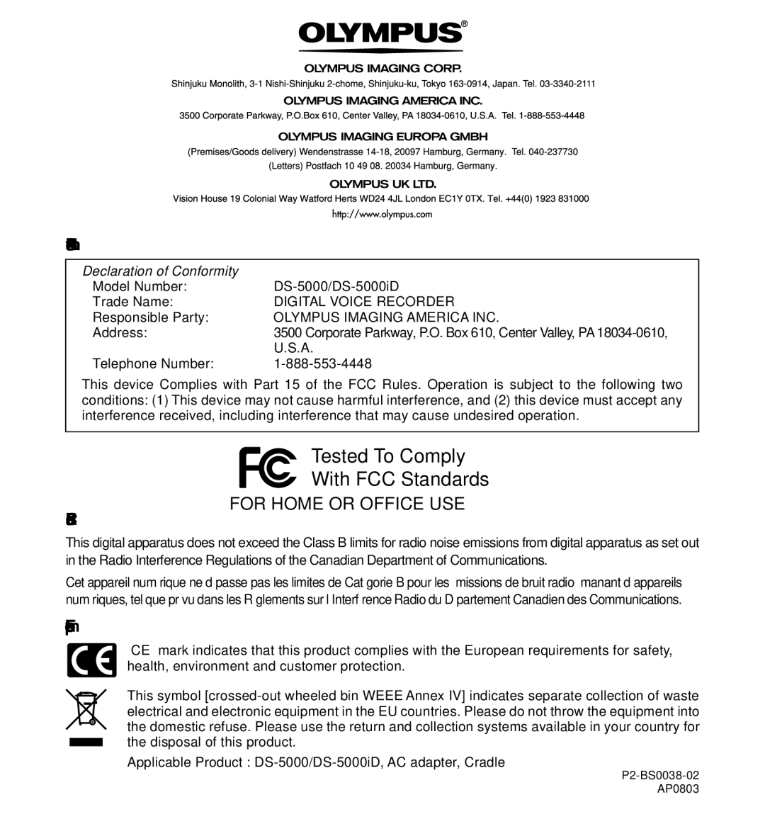 Olympus DS-5000iD manual Tested To Comply With FCC Standards 