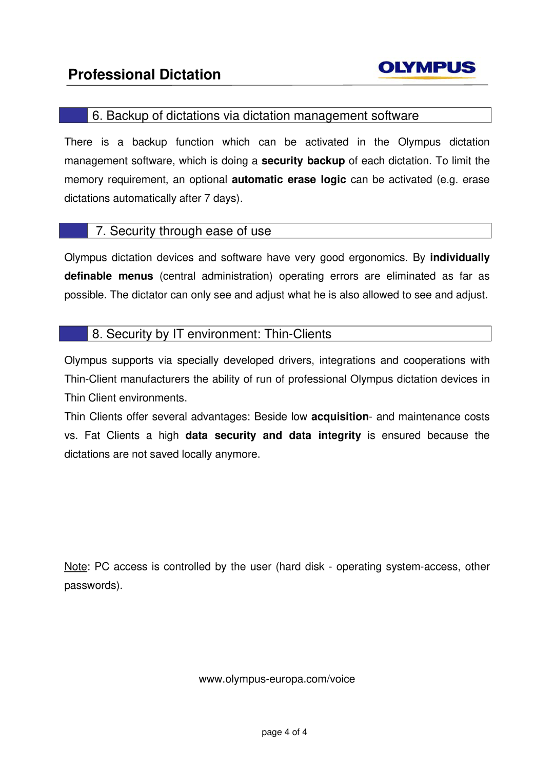 Olympus DS-500iD, DS-3400 manual Backup of dictations via dictation management software, Security through ease of use 