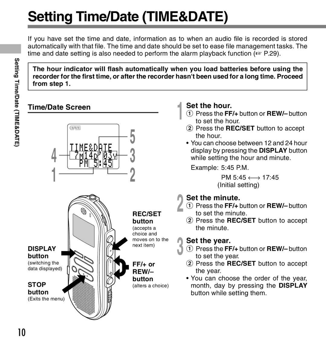 Olympus DS-660 manual Setting Time/Date TIME&DATE, Time/Date Screen, Set the hour, Set the minute, Set the year 