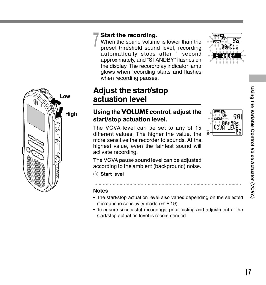 Olympus DS-660 manual Adjust the start/stop actuation level, Start the recording, Low High 