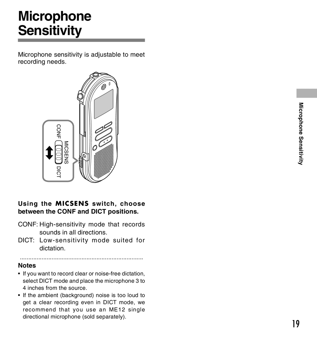 Olympus DS-660 manual Microphone Sensitivity, Microphone sensitivity is adjustable to meet recording needs 