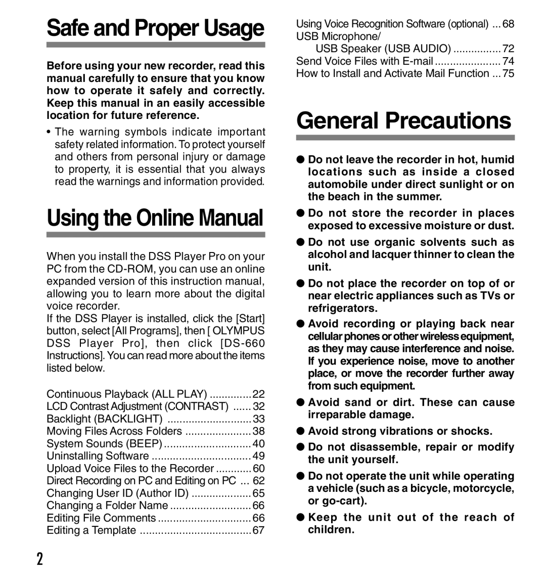 Olympus DS-660 manual General Precautions, Backlight Backlight, Editing File Comments, USB Microphone 