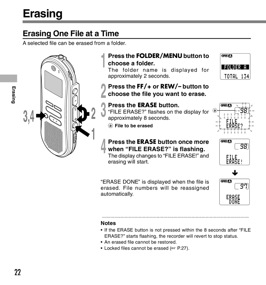 Olympus DS-660 manual Erasing One File at a Time, Press the FOLDER/MENU button to Choose a folder 