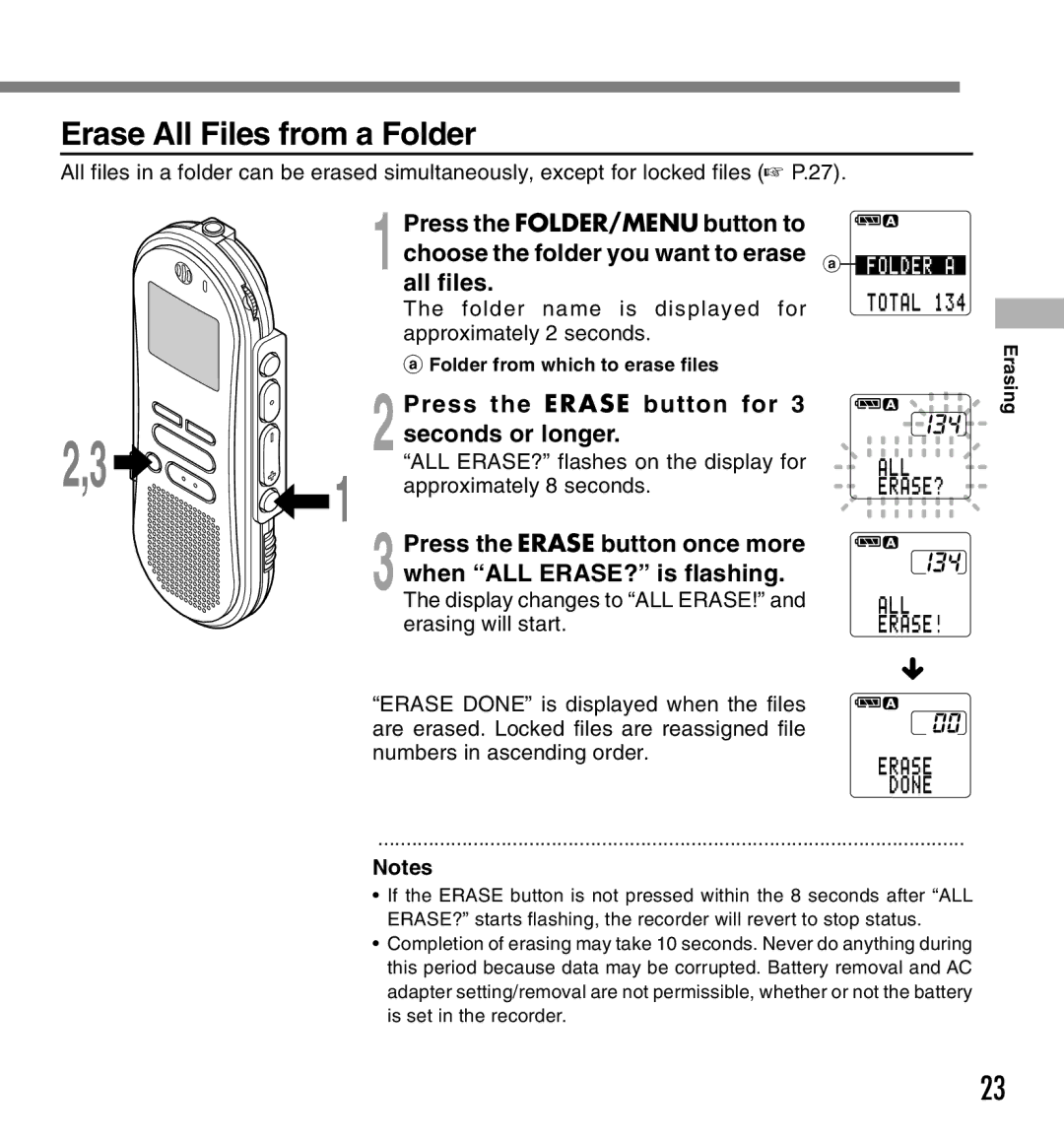 Olympus DS-660 manual Erase All Files from a Folder, All files, Press the Erase button for Seconds or longer 