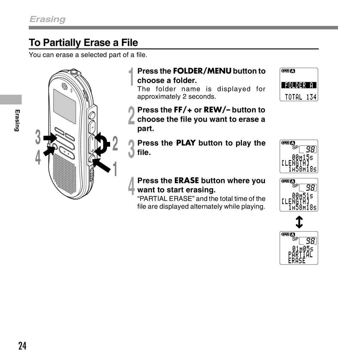 Olympus DS-660 manual To Partially Erase a File 