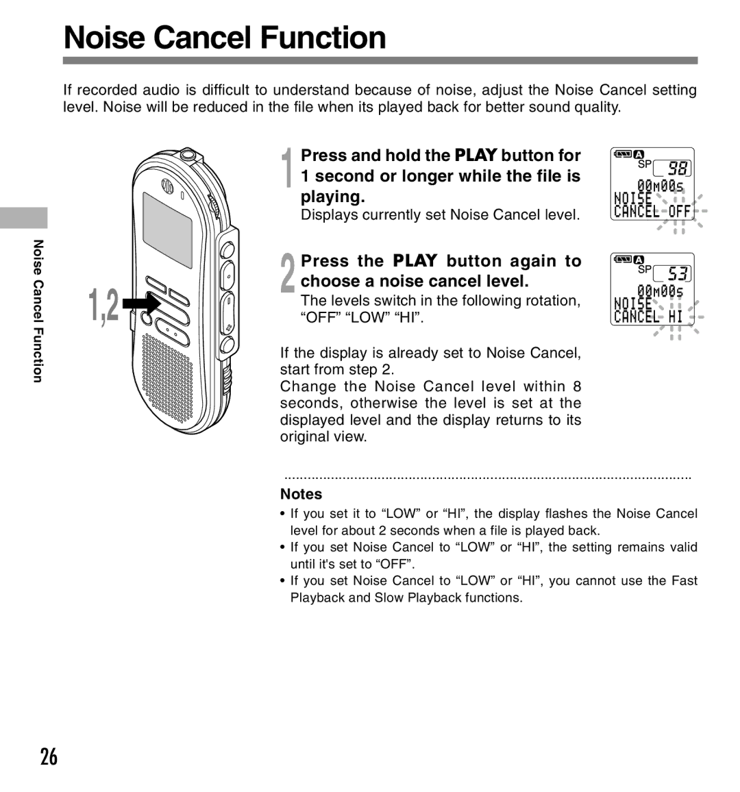 Olympus DS-660 manual Noise Cancel Function 