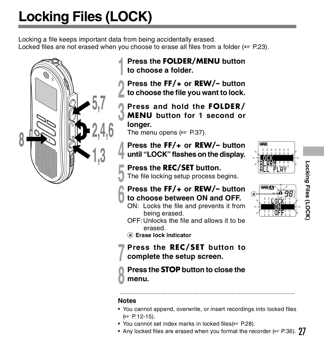 Olympus DS-660 manual Locking Files Lock, Press the FF/+ or REW/- button to choose between on and OFF 