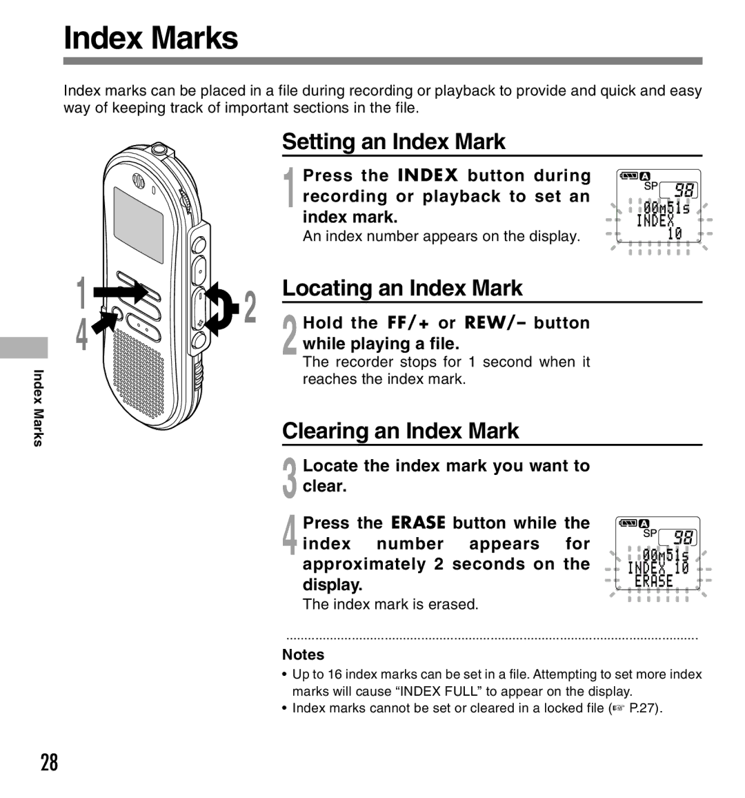 Olympus DS-660 manual Index Marks, Setting an Index Mark, Locating an Index Mark, Clearing an Index Mark 