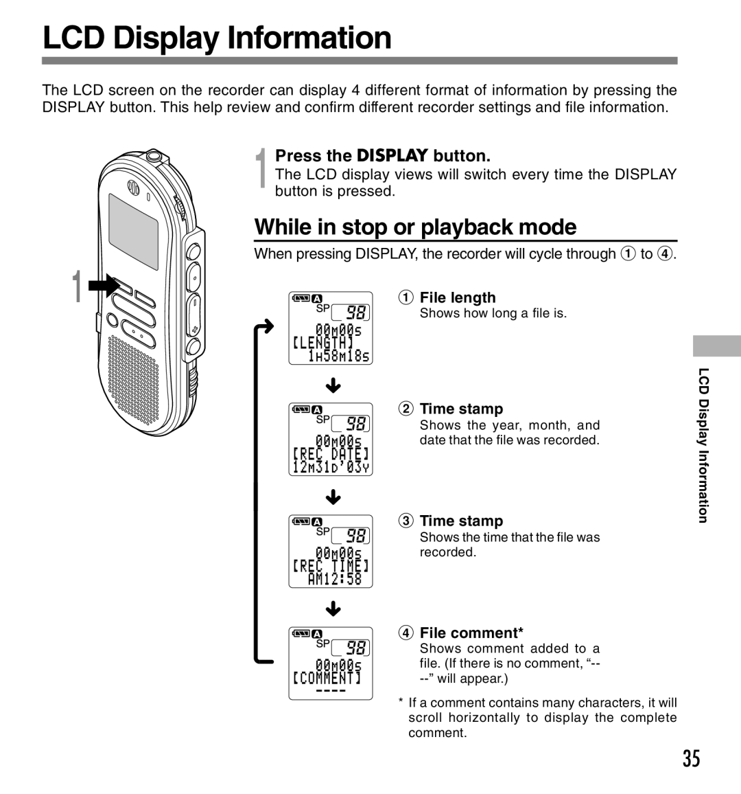 Olympus DS-660 manual File length, Time stamp, File comment 