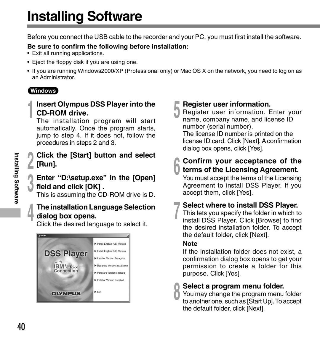 Olympus DS-660 manual Installing Software, Insert Olympus DSS Player into the CD-ROM drive, Register user information 