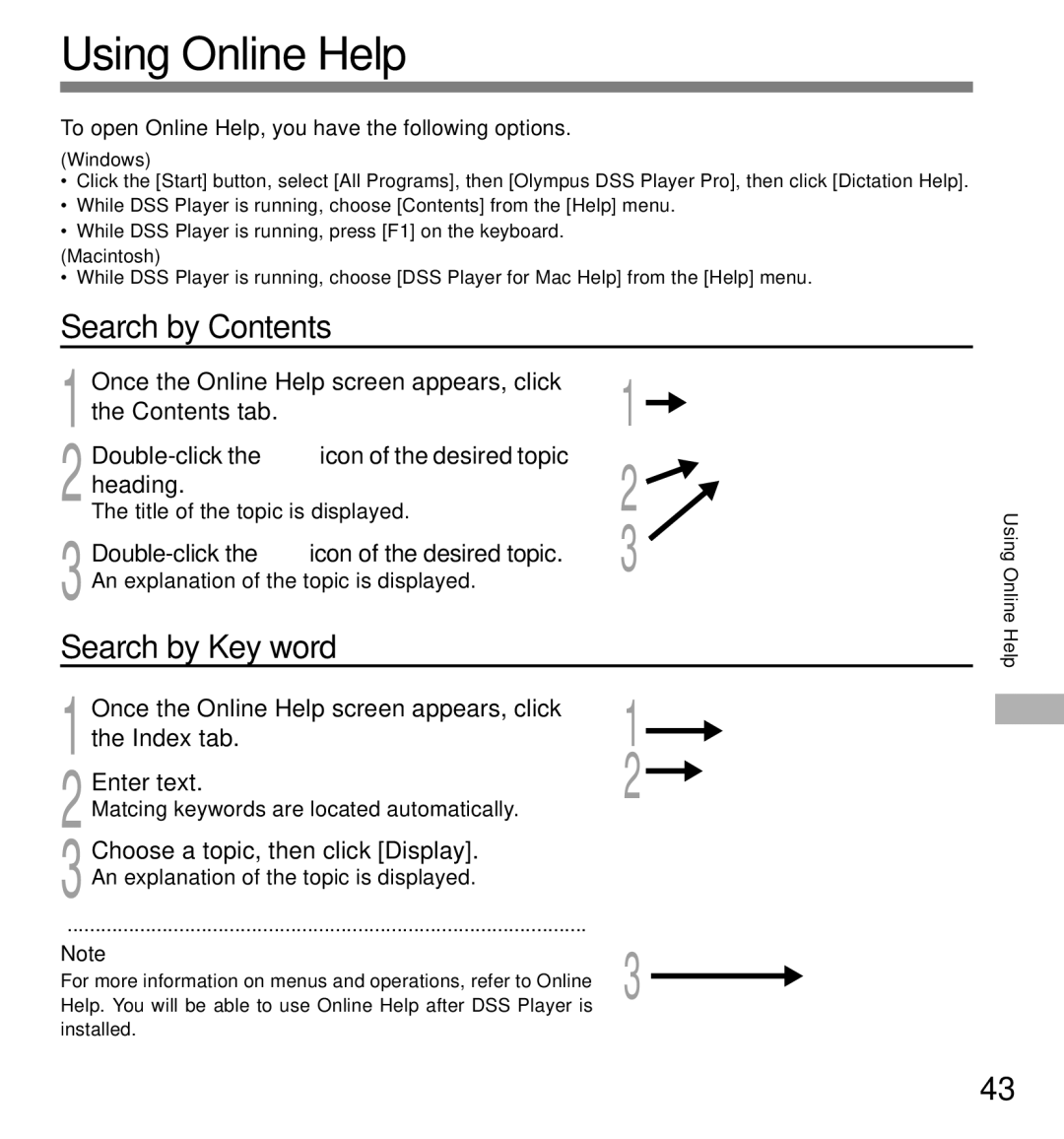 Olympus DS-660 manual Using Online Help, Search by Contents, Search by Key word 