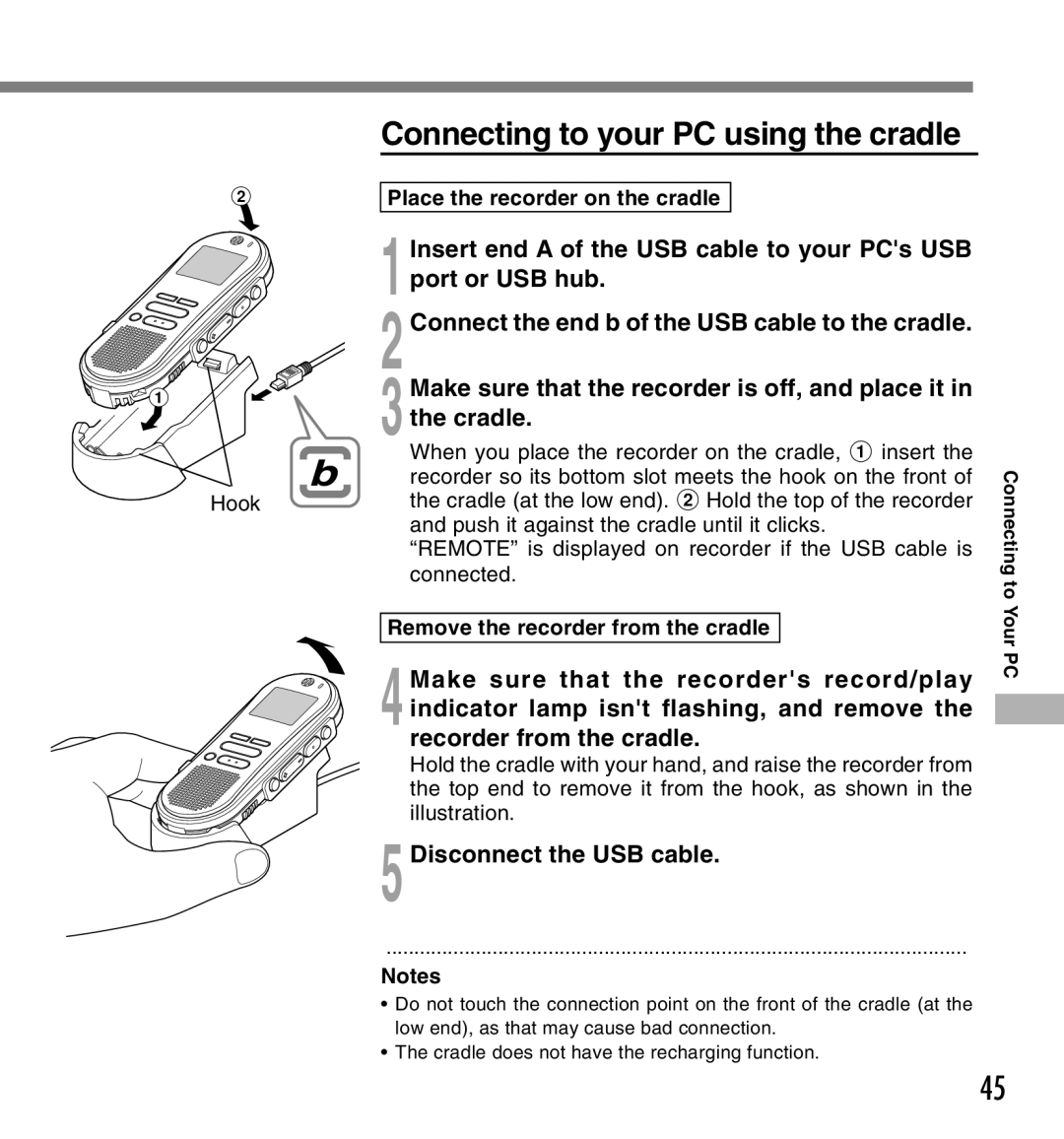 Olympus DS-660 Connecting to your PC using the cradle, 5Disconnect the USB cable, Hook, Place the recorder on the cradle 