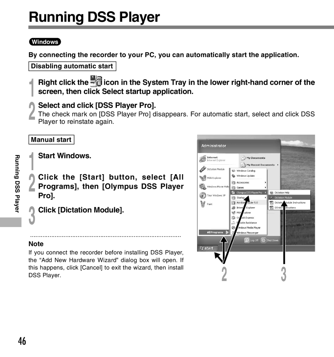 Olympus DS-660 manual Running DSS Player, Player to reinstate again Manual start 