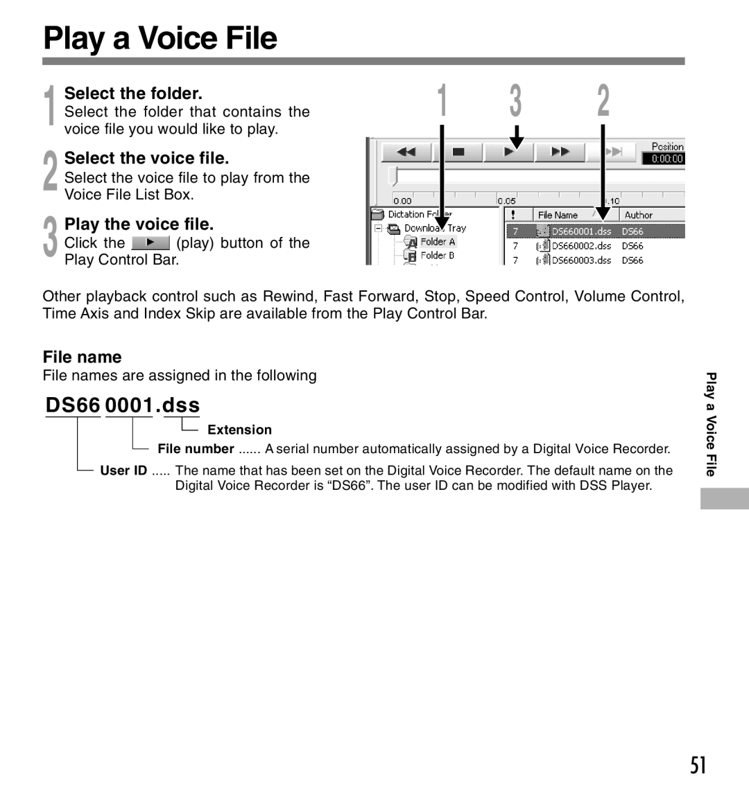 Olympus DS-660 manual Play a Voice File, Play the voice file, File name 