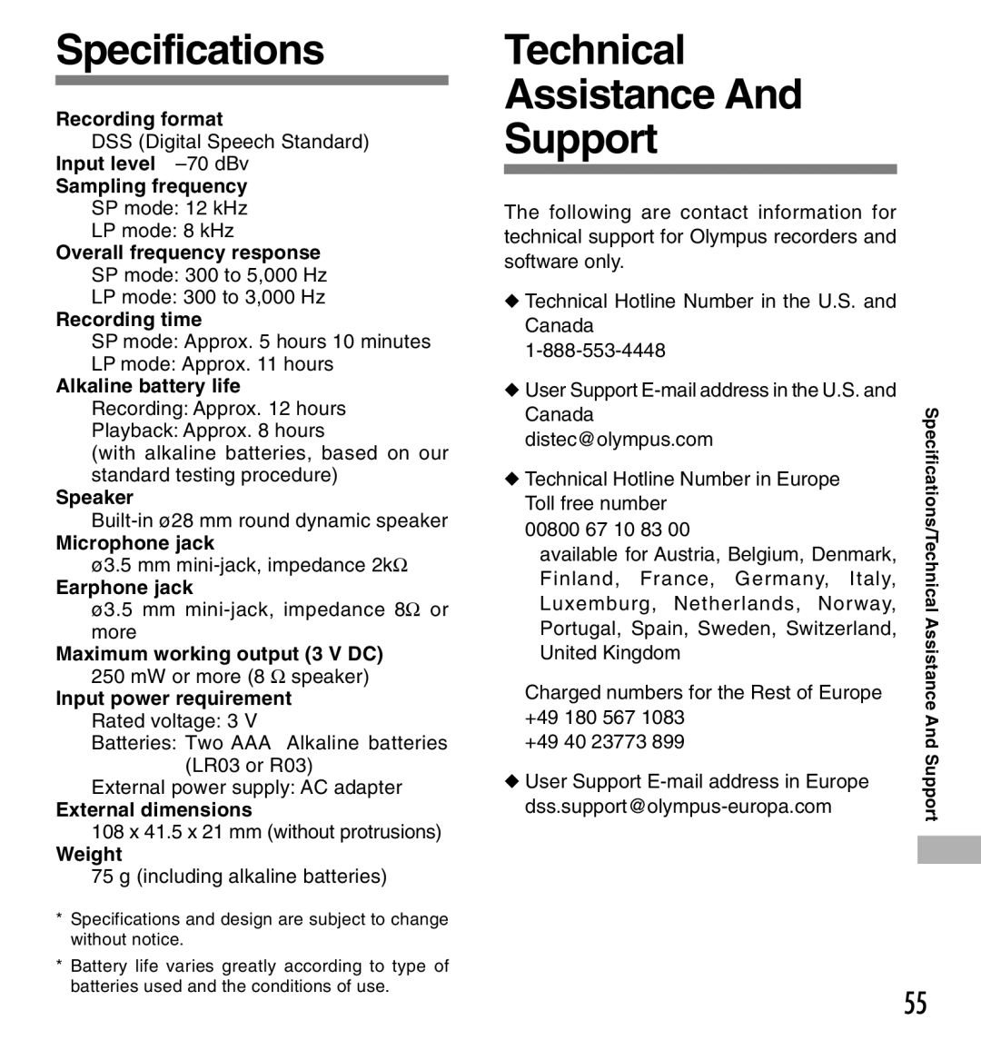 Olympus DS-660 manual Specifications, Technical Assistance Support 