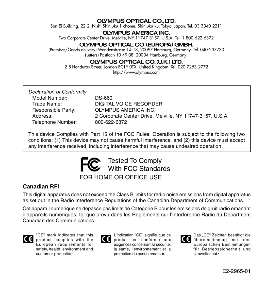 Olympus DS-660 manual Canadian RFI, E2-2965-01 