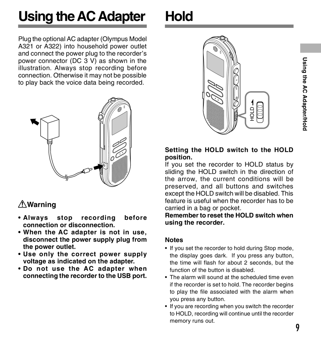 Olympus DS-660 manual Using the AC Adapter, Setting the Hold switch to the Hold position 