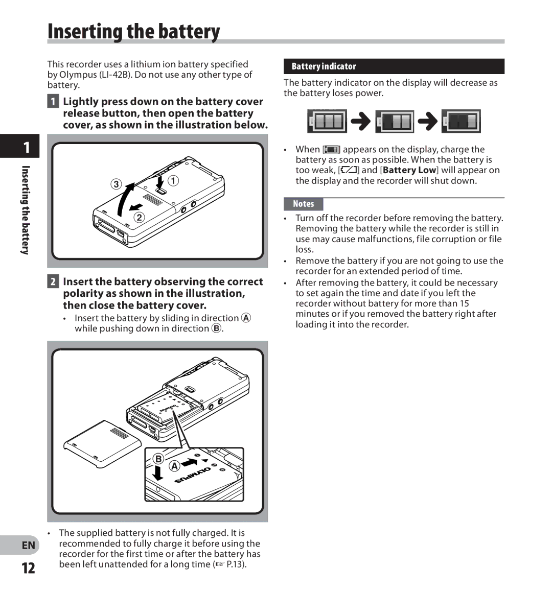 Olympus DS-7000 manual Inserting the battery, Polarity as shown in the illustration, Then close the battery cover 