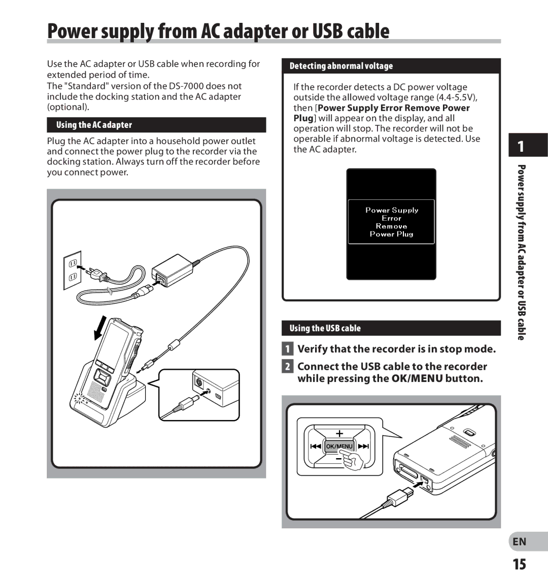 Olympus DS-7000 manual Power supply from AC adapter or USB cable, Cable, Using the AC adapter, Detecting abnormal voltage 