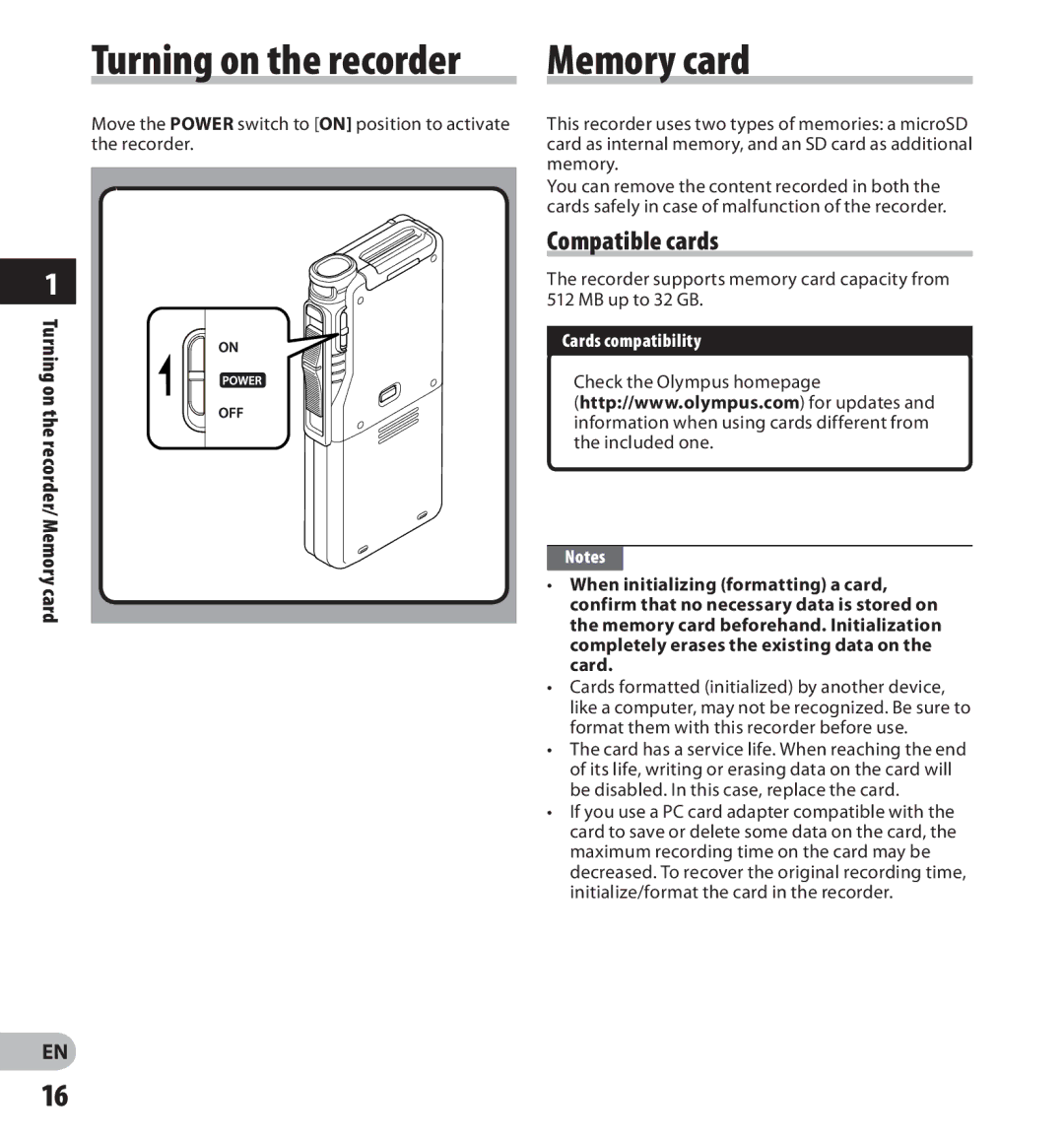 Olympus DS-7000 manual Compatible cards, Turning on the recorder/ Memory card, Cards compatibility 