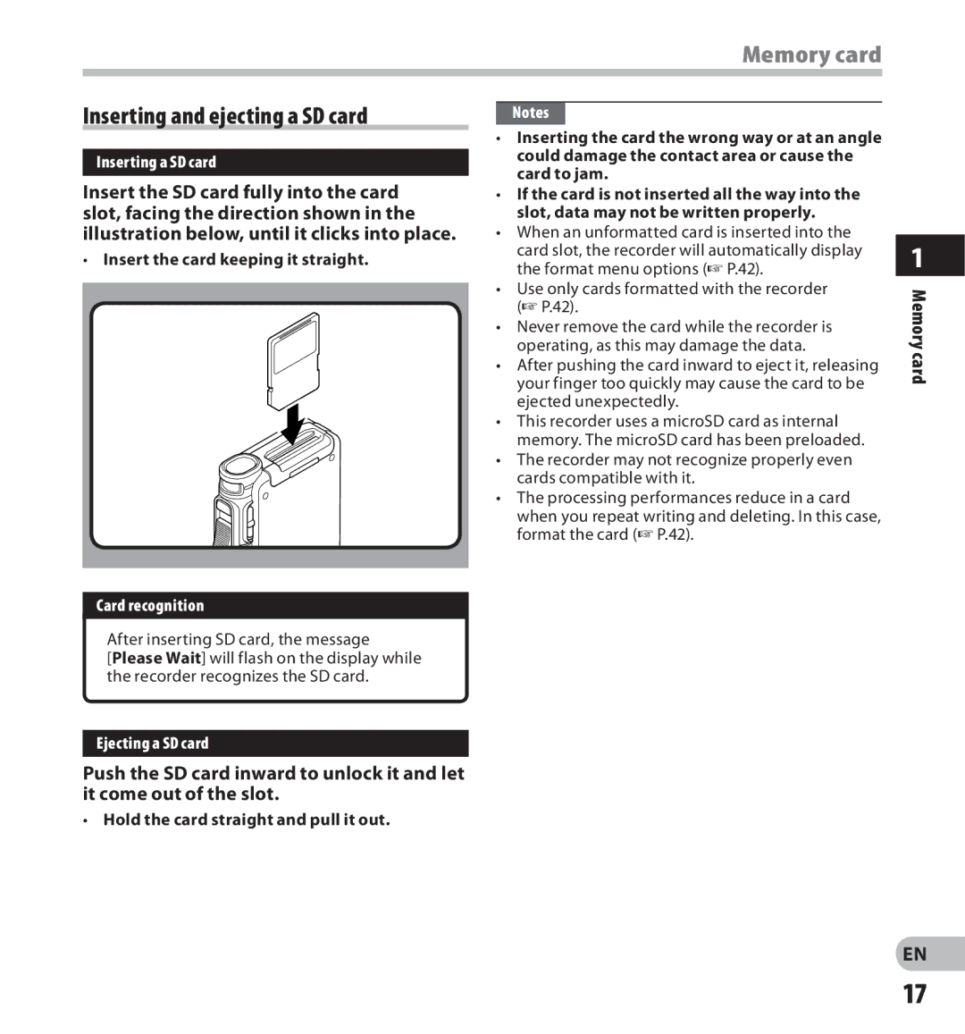 Olympus DS-7000 manual Memory card, Inserting and ejecting a SD card 