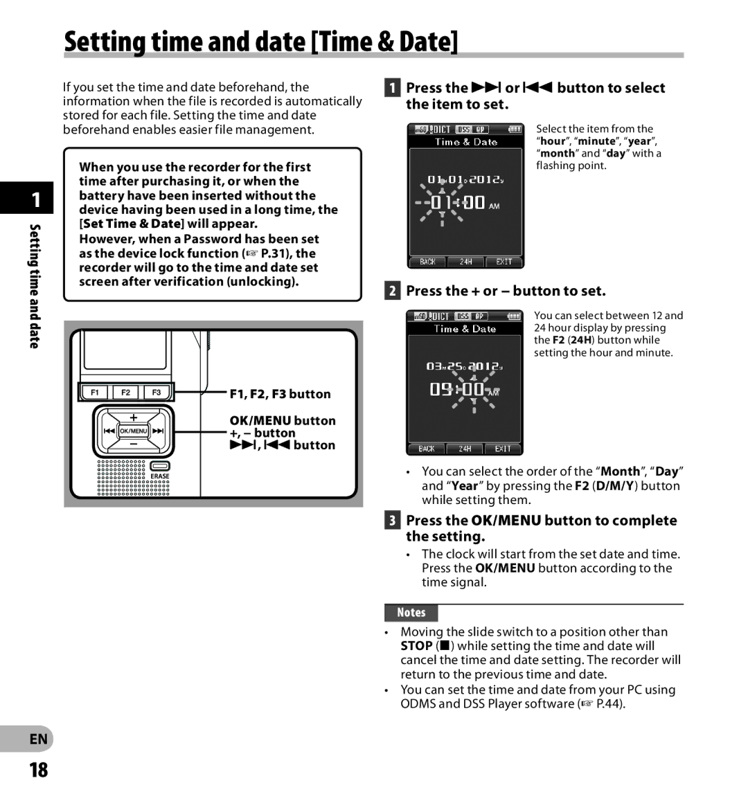 Olympus DS-7000 manual Setting time and date Time & Date, Press the 9or 0button to select the item to set 