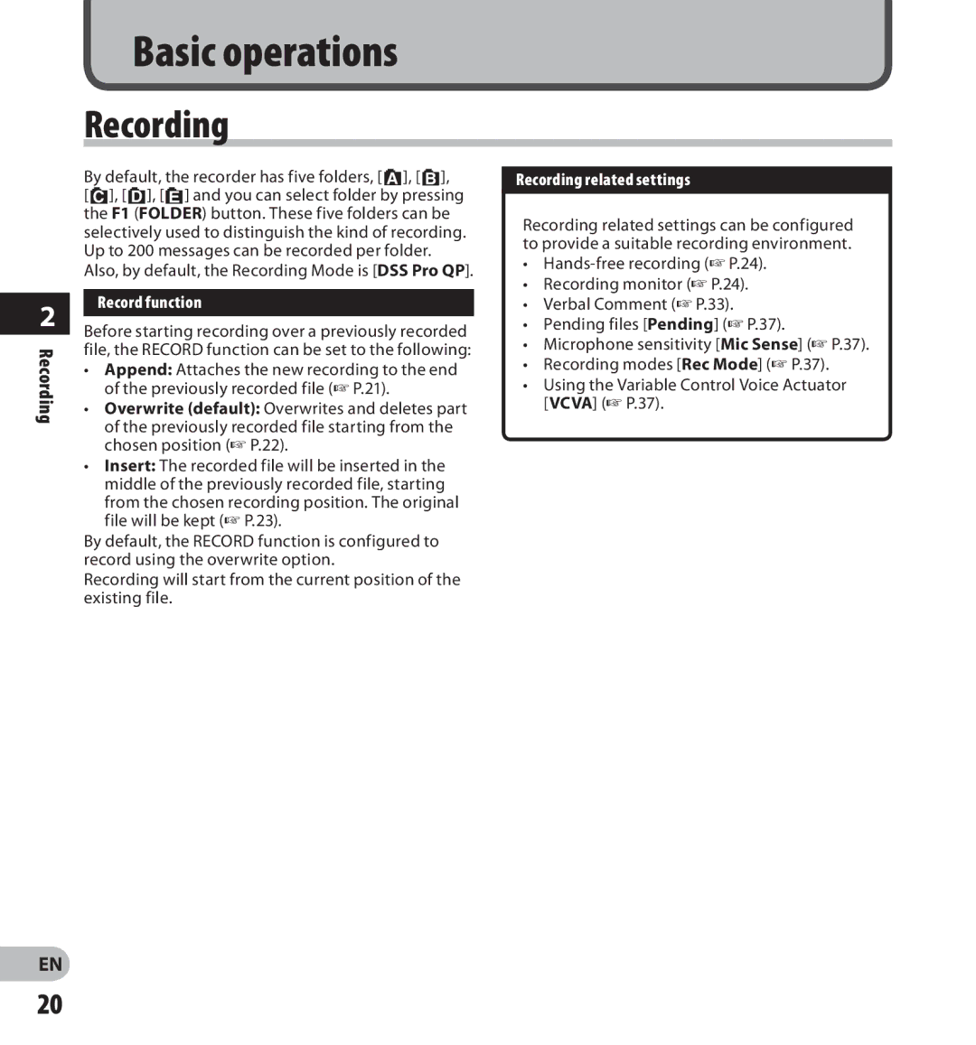 Olympus DS-7000 manual By default, the recorder has five folders, A, B, Record function, Recording related settings 