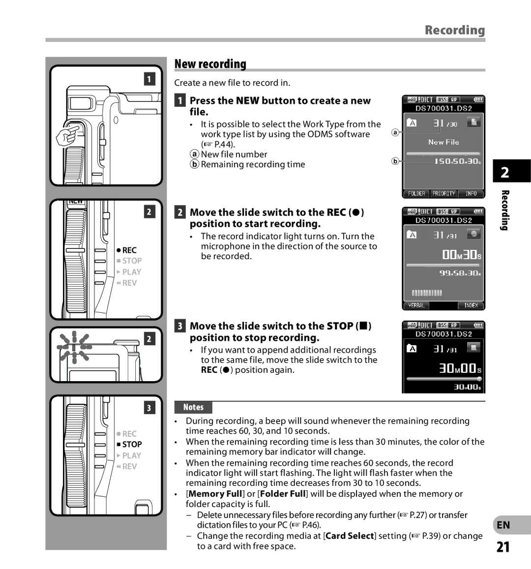 Olympus DS-7000 manual Recording, New recording, Press the NEW button to create a new file 