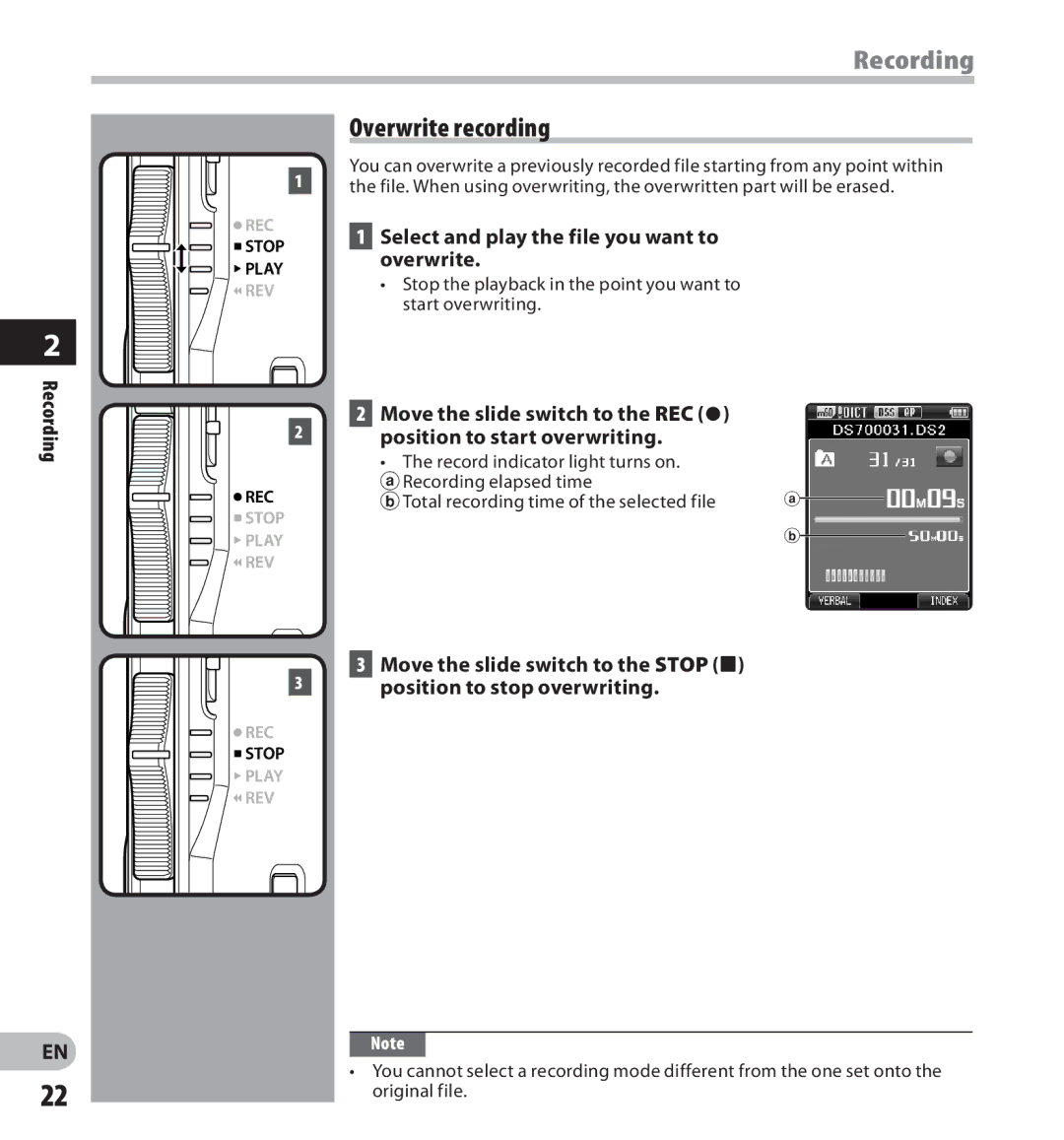 Olympus DS-7000 manual Overwrite recording, Select and play the file you want to overwrite 