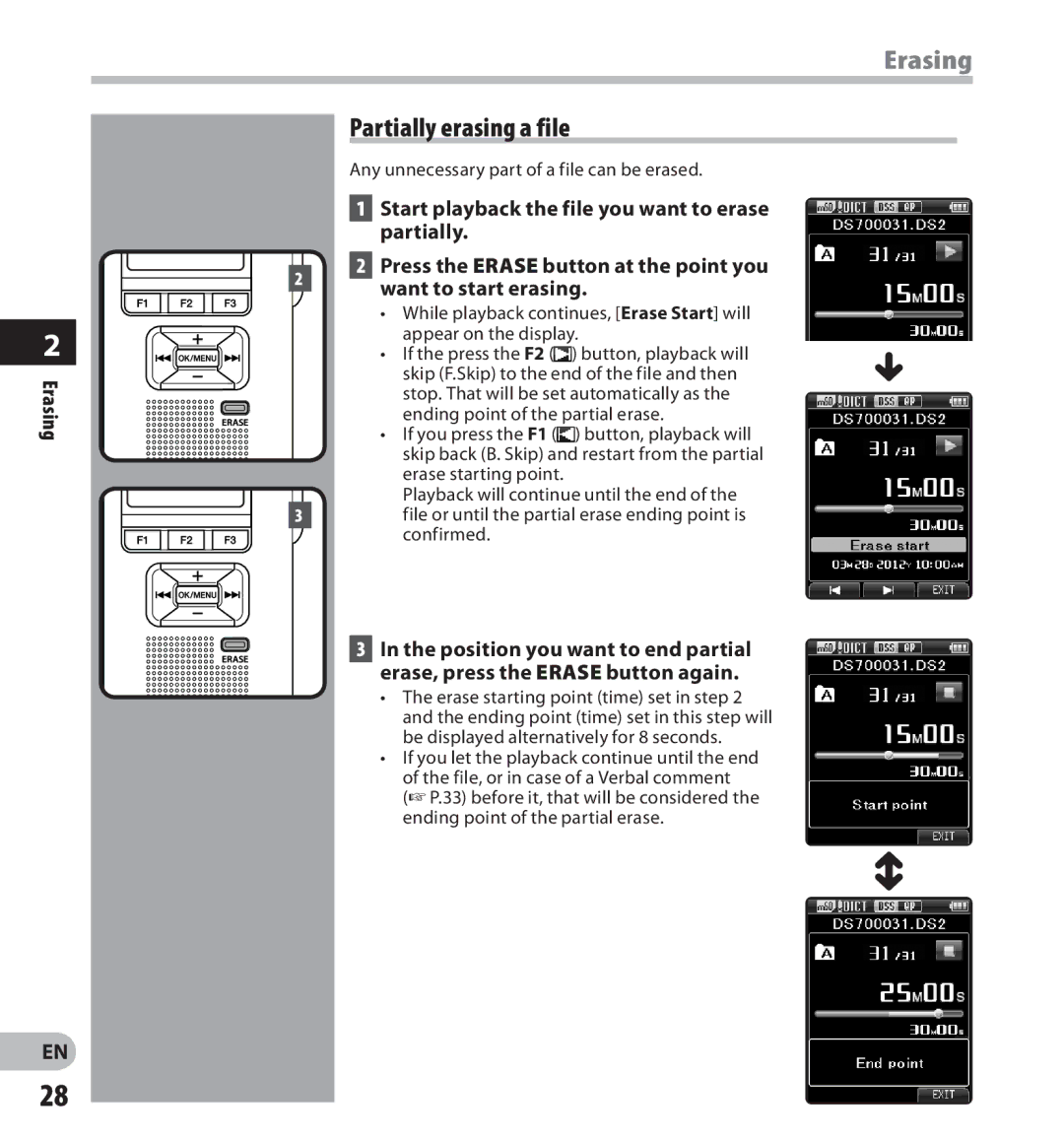 Olympus DS-7000 manual Erasing, Partially erasing a file, Any unnecessary part of a file can be erased 