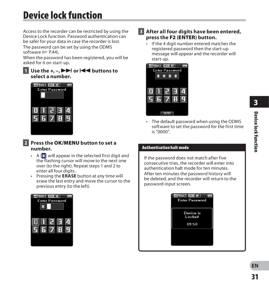 Olympus DS-7000 manual Device lock function, Authentication halt mode 