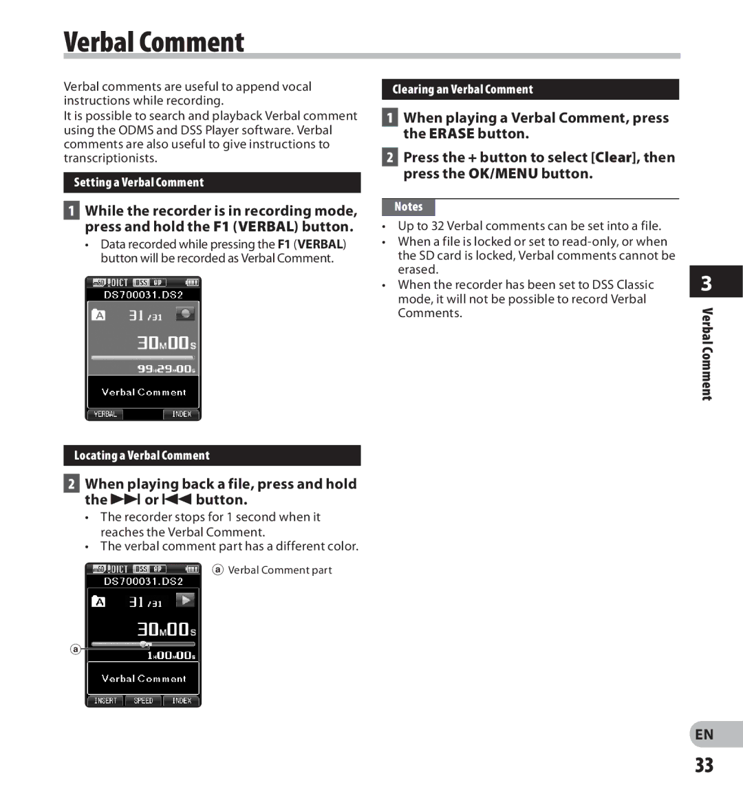 Olympus DS-7000 manual When playing a Verbal Comment, press the Erase button 