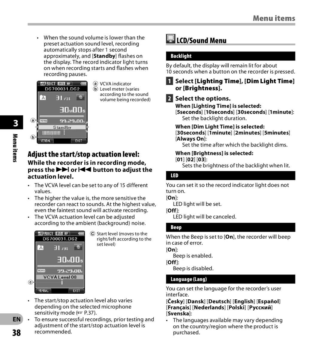 Olympus DS-7000 manual Menu items, LCD/Sound Menu, Adjust the start/stop actuation level, Items 