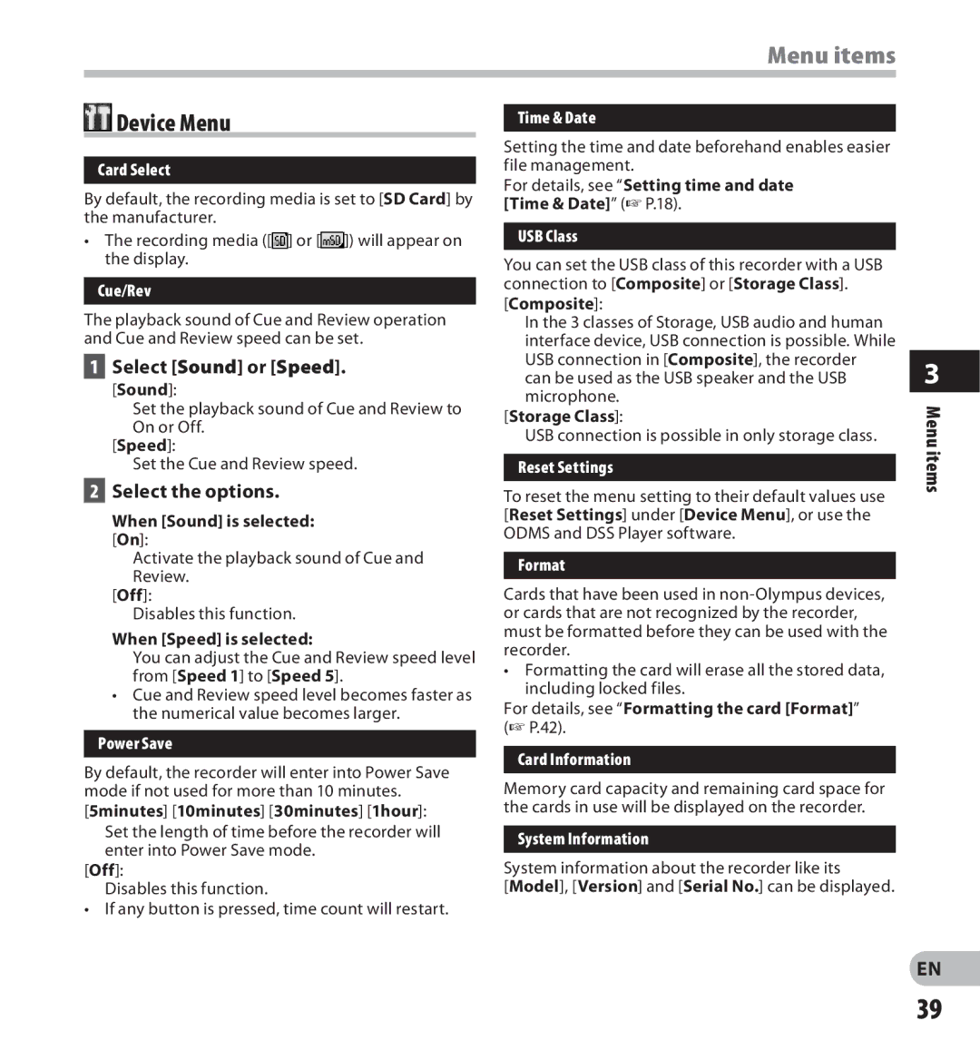 Olympus DS-7000 manual Device Menu, Select Sound or Speed 