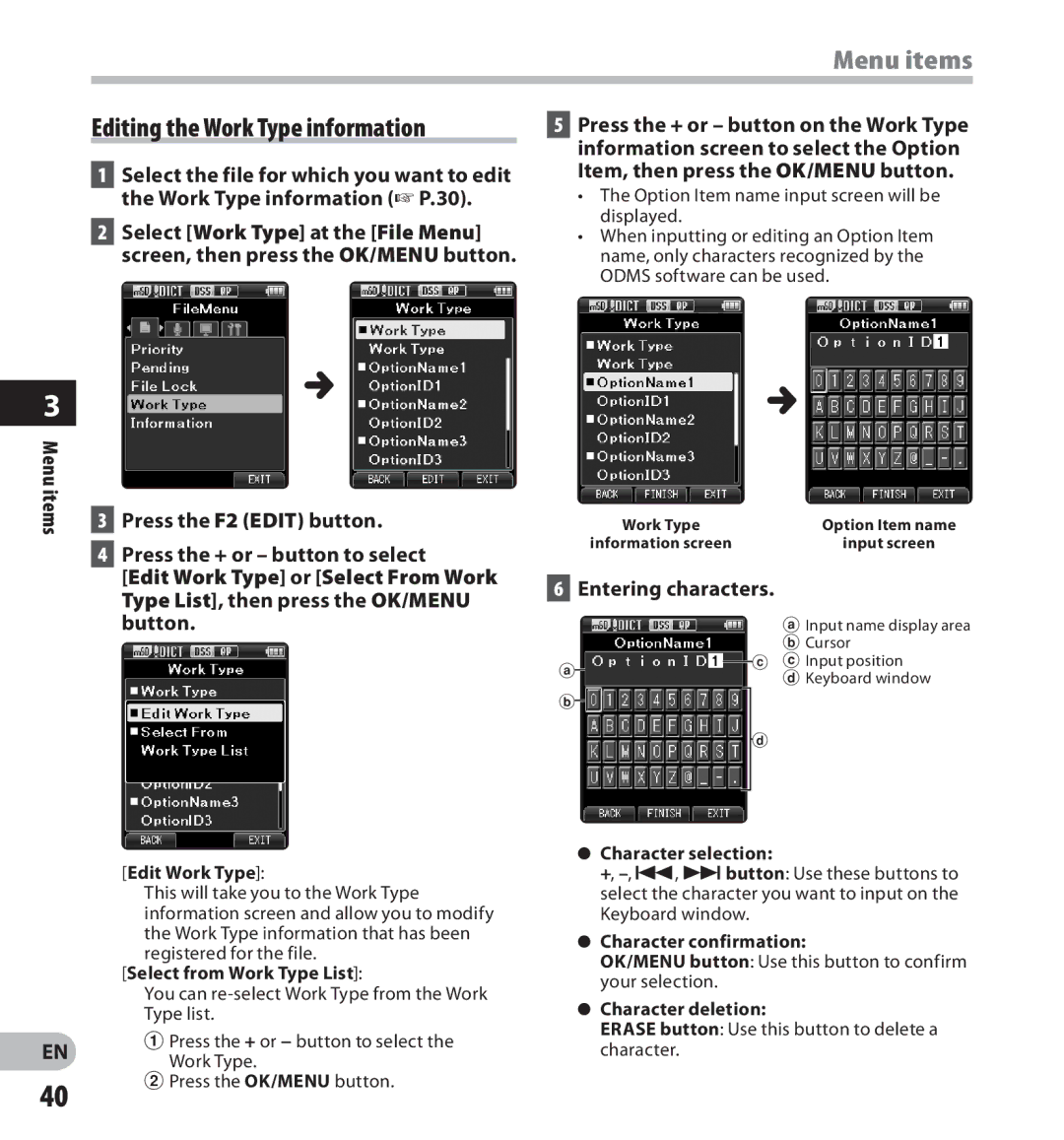 Olympus DS-7000 manual Editing the Work Type information, Entering characters 