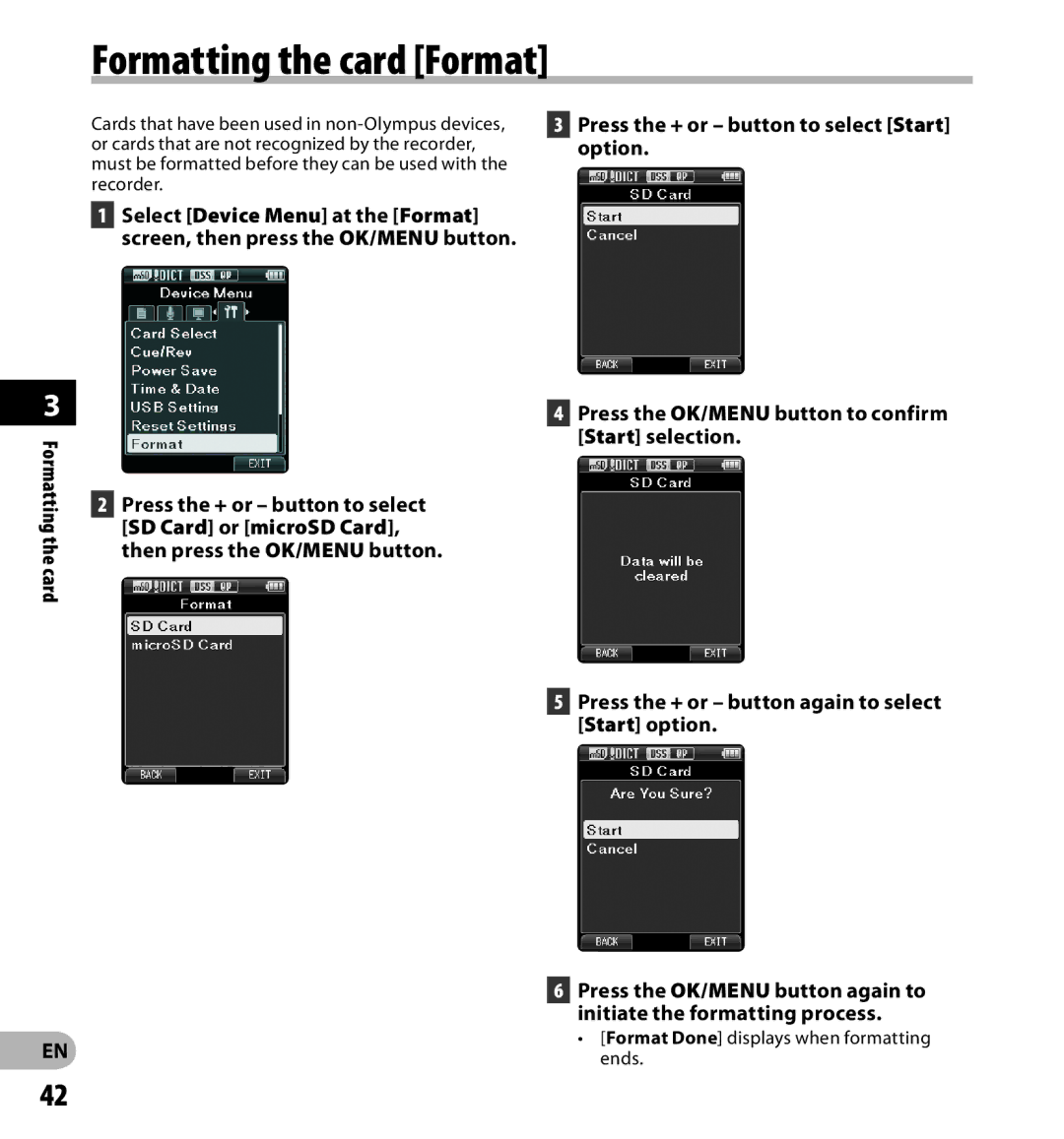 Olympus DS-7000 manual Formatting the card Format, Format Done displays when formatting ends 