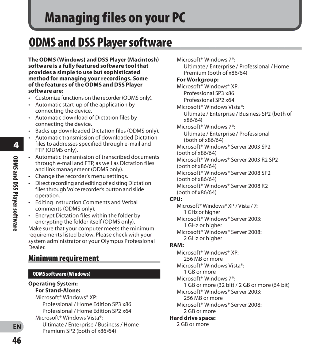 Olympus DS-7000 manual Odms and DSS Player software, Minimum requirement, Odms software Windows 