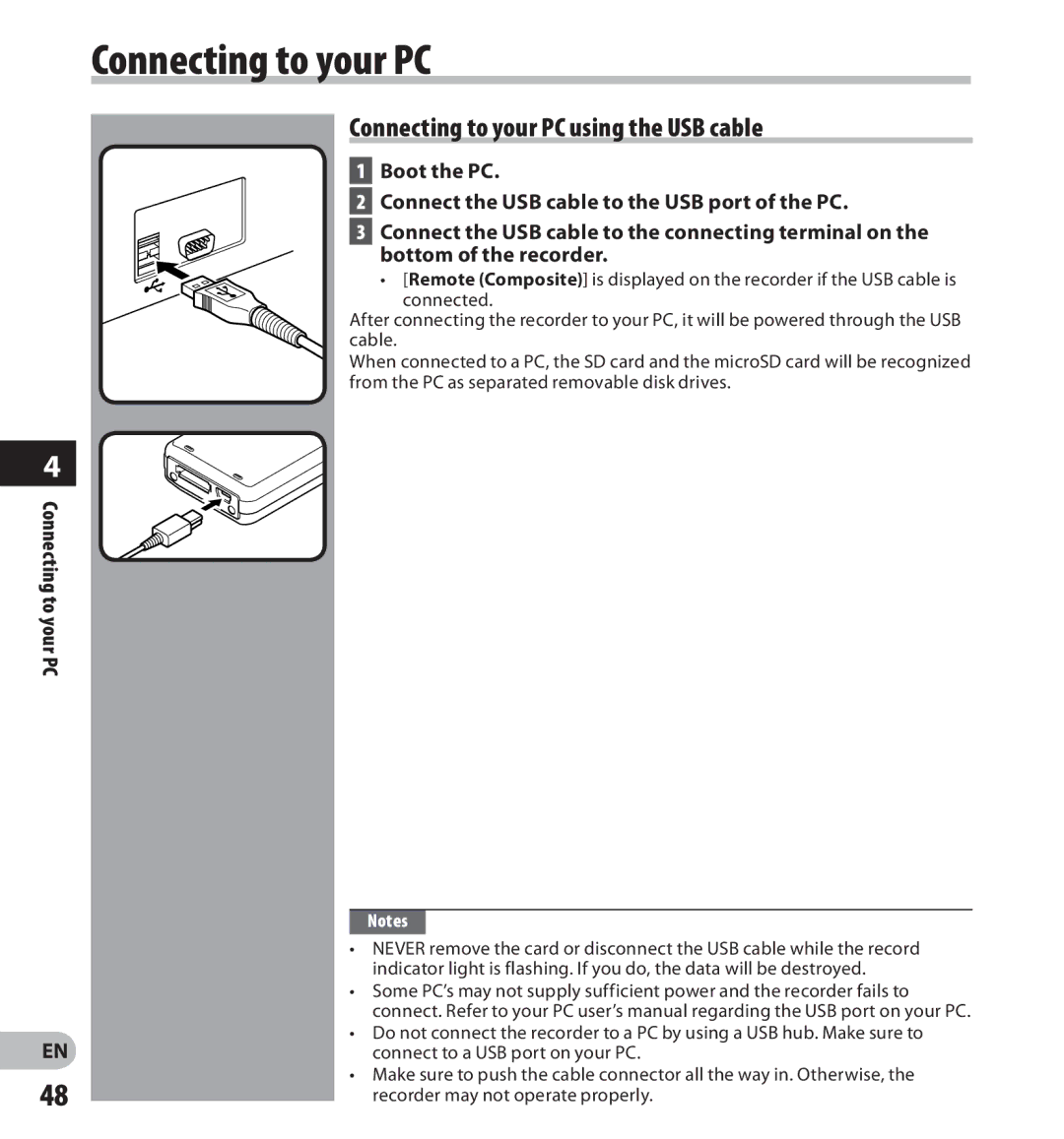 Olympus DS-7000 manual Connecting to your PC using the USB cable 