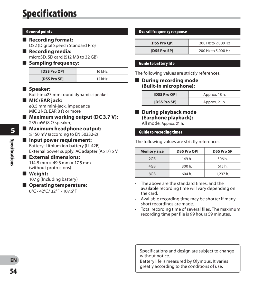 Olympus DS-7000 manual Specifications 