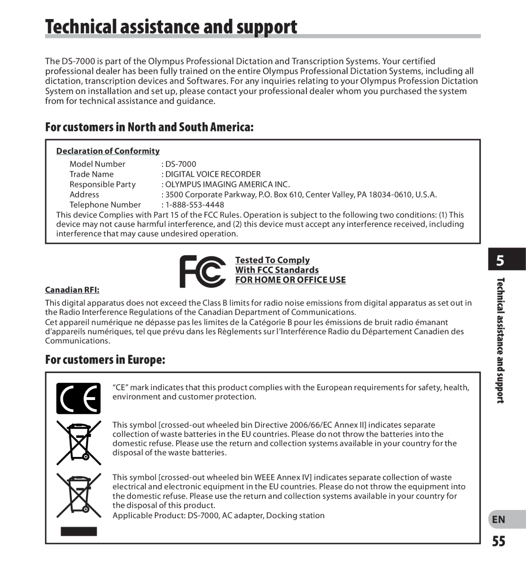 Olympus DS-7000 manual Technical assistance and support, For customers in North and South America, For customers in Europe 