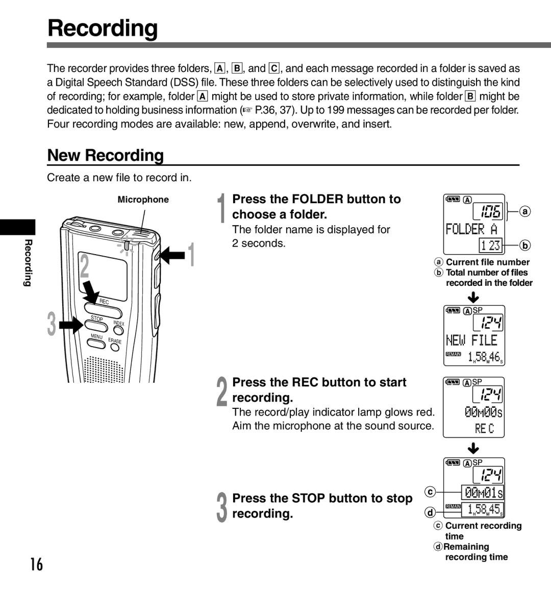 Olympus DS2000 New Recording, Press the Folder button to choose a folder, Press the REC button to start recording 